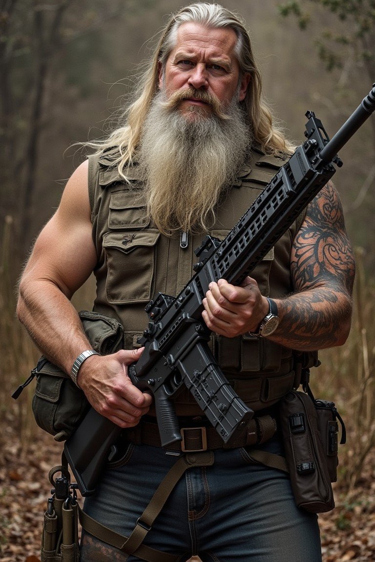 An older man with long, gray hair and a thick beard holds a tactical rifle, standing firmly in a forest, representing rugged individualism and preparedness.