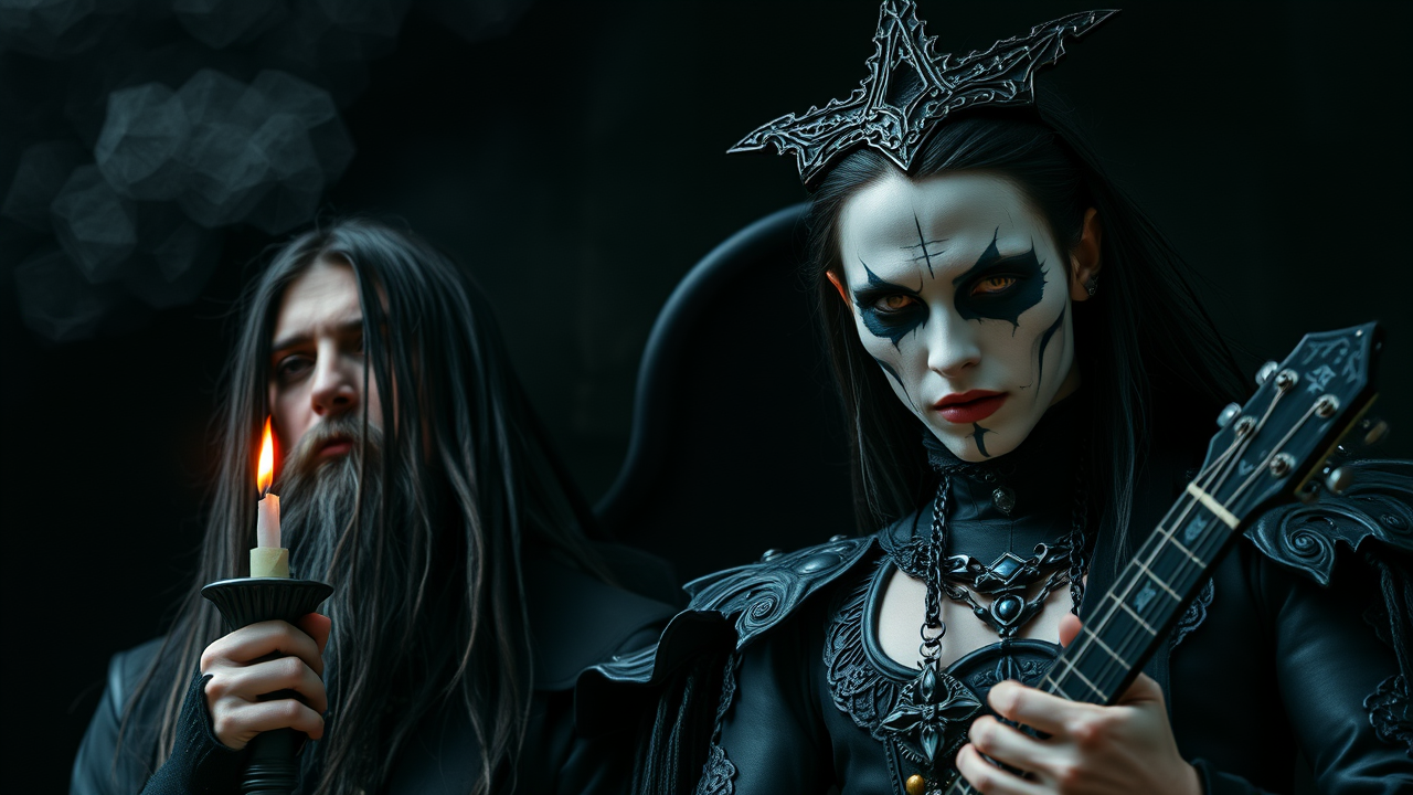 Gothic woman with intricate makeup and crown holding a guitar, with a man in the background holding a candle, capturing the dark and intense atmosphere of metal culture.