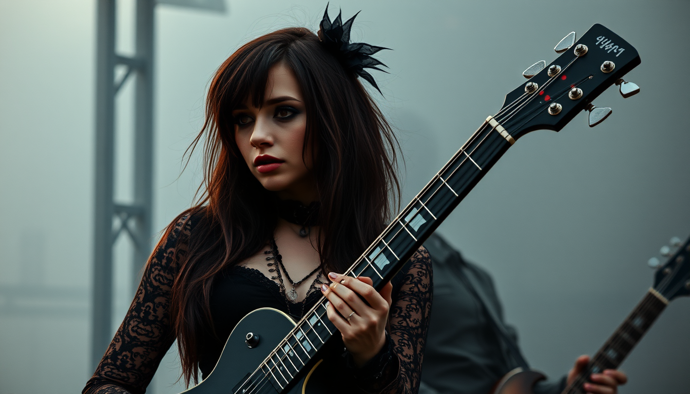 A gothic woman and a metalhead man pose together; she wears a black floral outfit with dark makeup, while he sports tattoos, earrings, and a sleeveless top, holding a guitar in a dimly lit space.