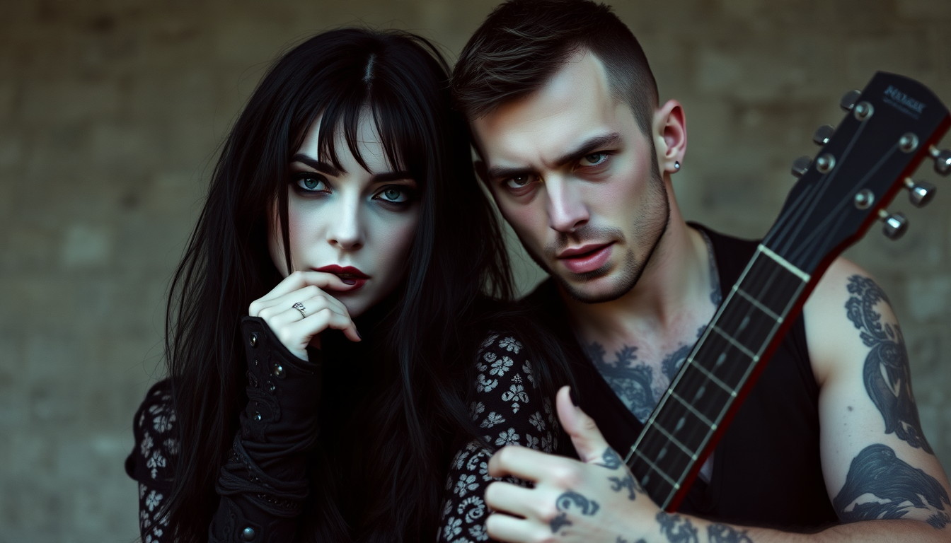 A gothic woman and a metalhead man, both with pale complexions and dark makeup, wearing black leather jackets adorned with spikes and chains, stand against a stone wall, exuding a mysterious and intense vibe.