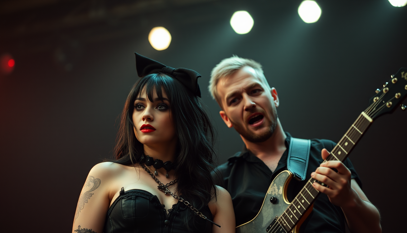 A gothic woman with dark hair, a black bow, and red lipstick stands next to a male guitarist wearing black clothing, both illuminated under dramatic stage lights.