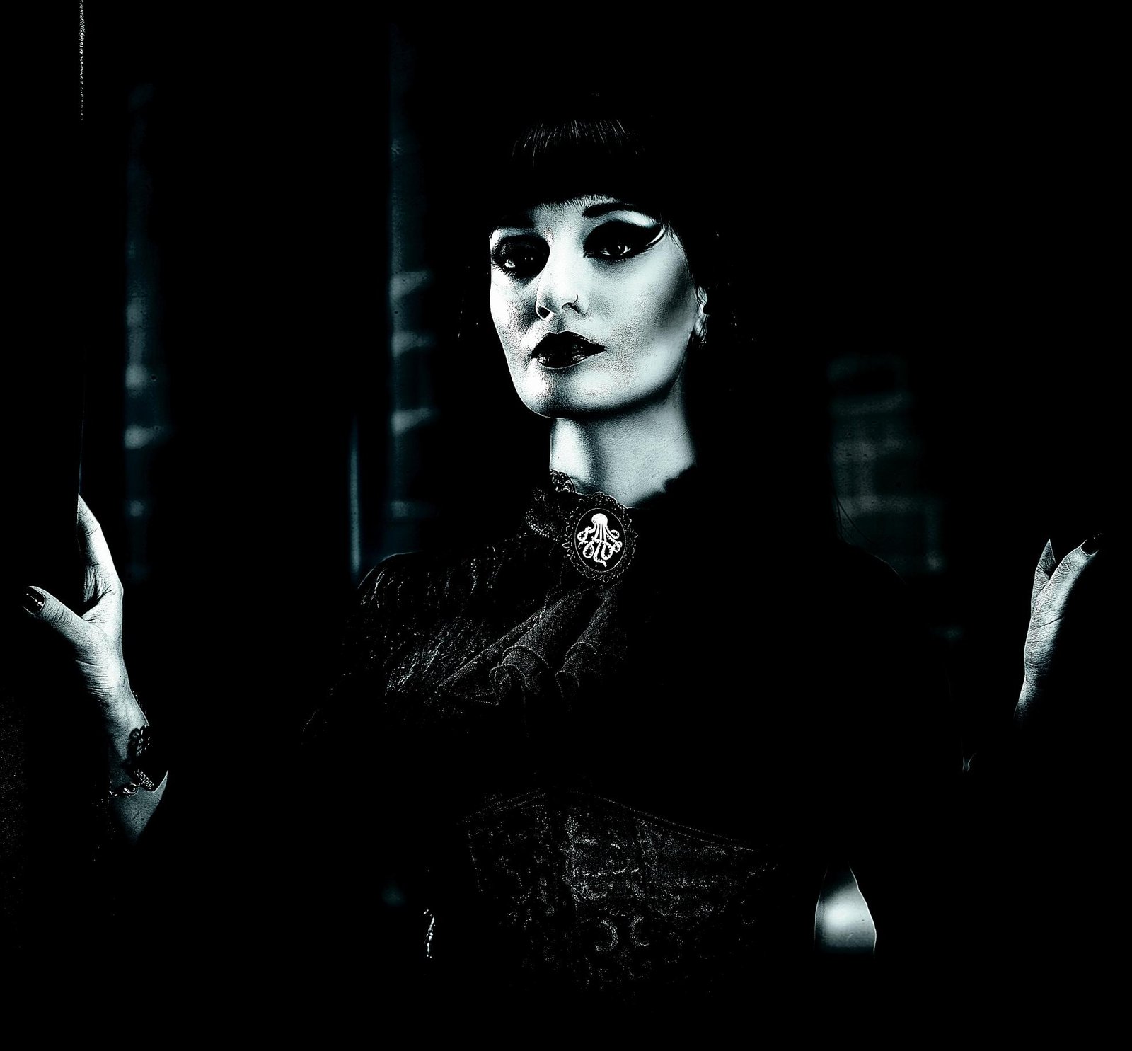 A woman wearing a vintage-inspired gothic dress with lace details and dark makeup, exuding elegance and mystery.