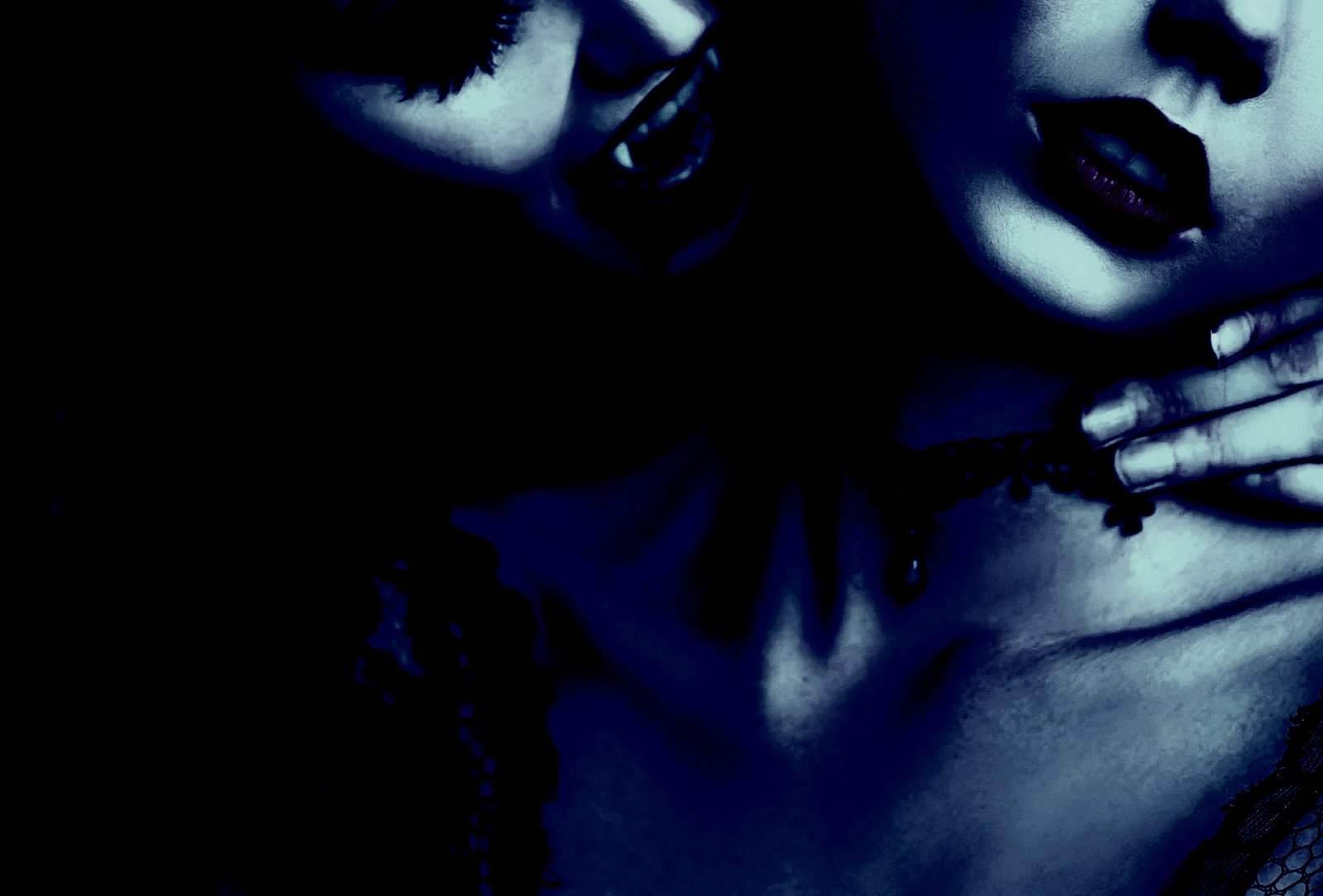 A seductive close-up of a vampire's face, fangs bared towards the neck of another, capturing a dark and intimate moment.