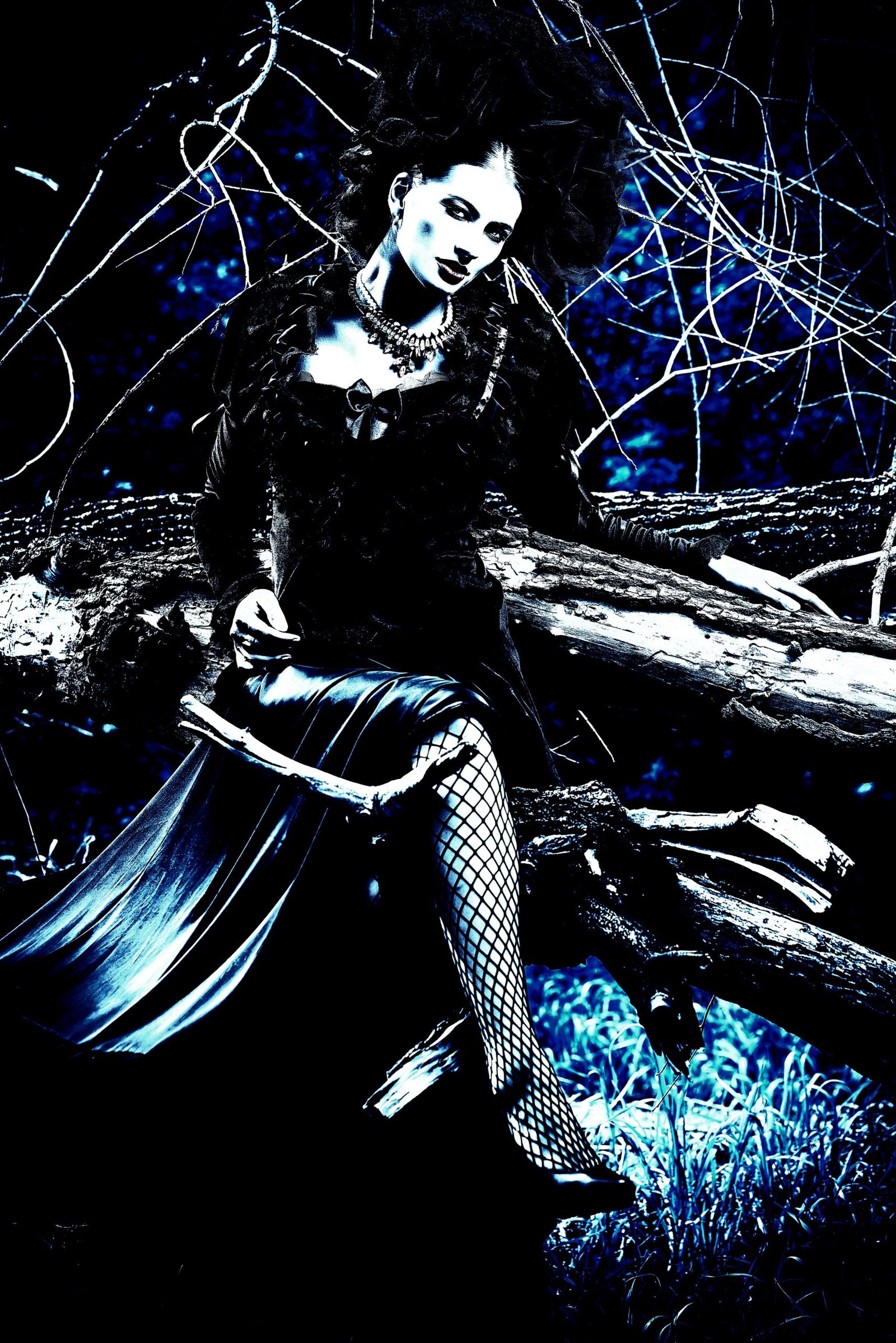 Elegant gothic woman in a black dress and fishnet stockings sitting on a fallen tree, surrounded by dark branches. 