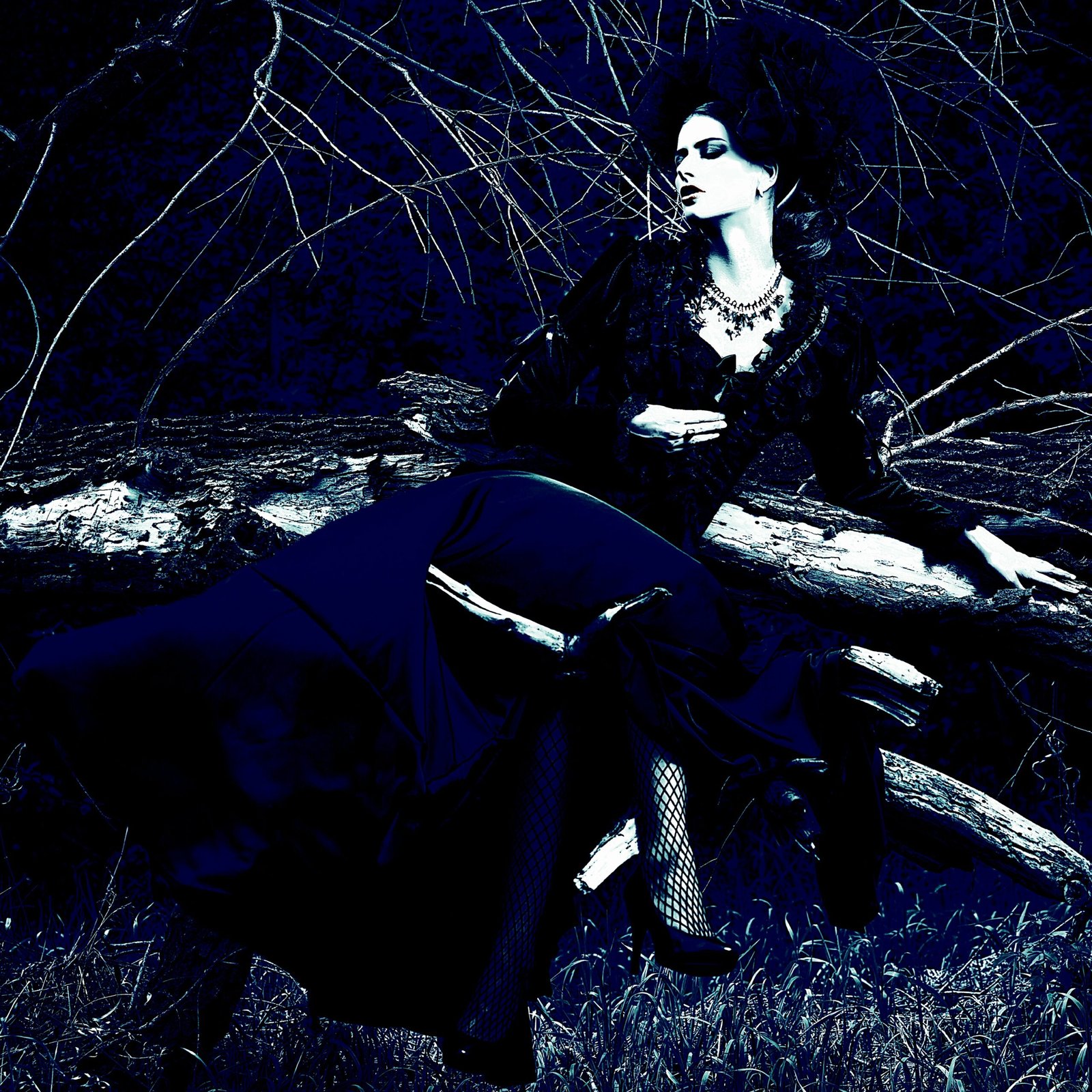 Gothic woman in a black corset dress sitting gracefully in a shadowy forest, exuding dark elegance.