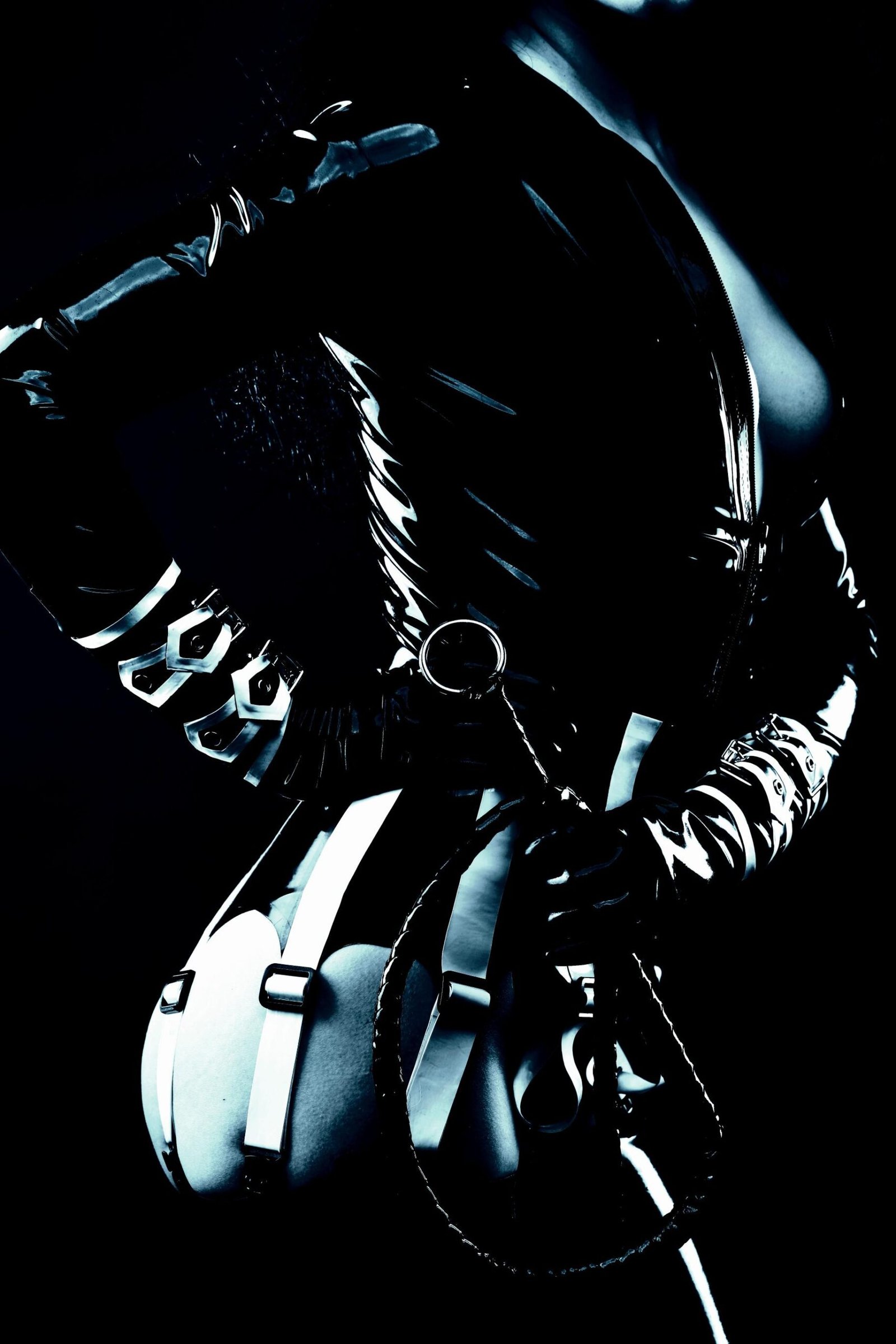 Partial view of a woman in a latex outfit with suspenders, holding a whip, embodying fierce and provocative confidence.