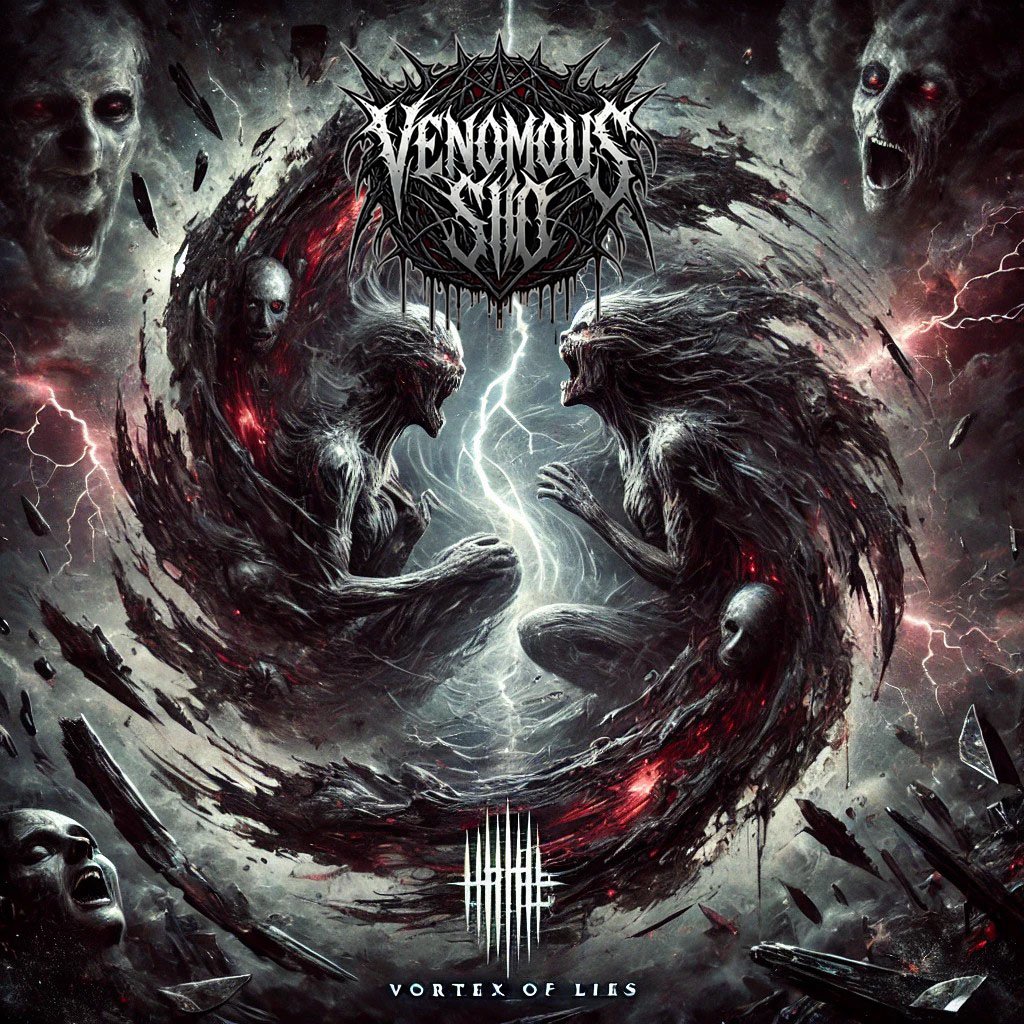 Album cover for Venomous Sin's "Vortex of Lies," featuring surreal, chaotic artwork of twisted, demonic figures surrounded by stormy, apocalyptic imagery.