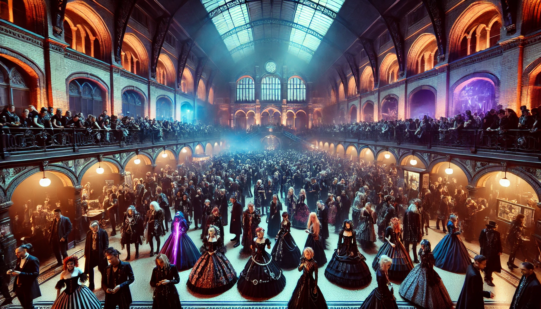 A captivating scene from Wave Gotik Treffen 2024, capturing a diverse goth crowd in Victorian, steampunk, and cyber-goth attire, gathered in an ornate, historic setting.