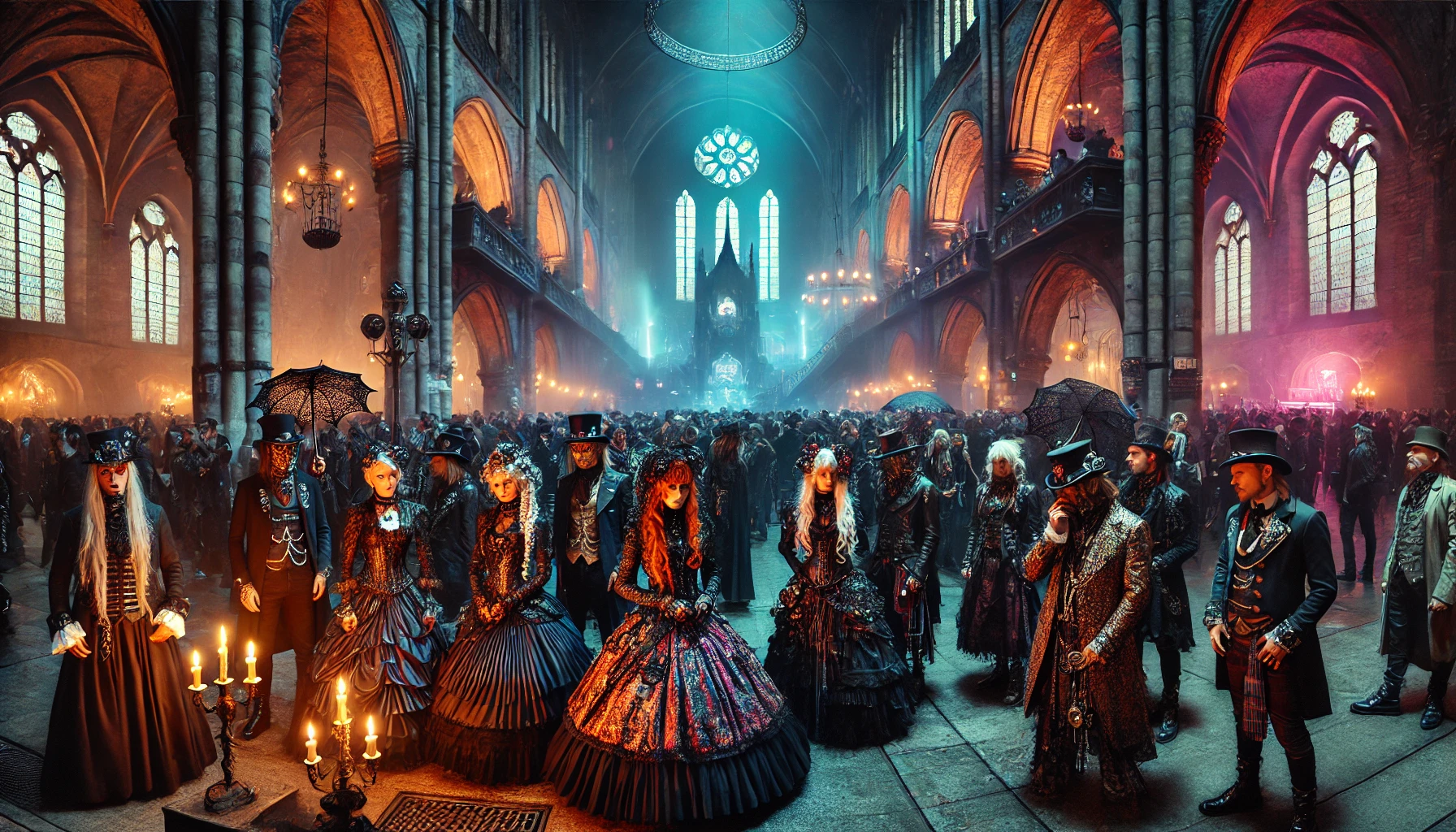 Goth festival-goers in Victorian-inspired attire gather under gothic arches and chandeliers, showcasing intricate costumes at Wave Gotik Treffen 2024.