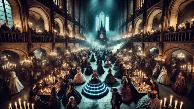 A dramatic scene at Wave Gotik Treffen 2024, featuring a large crowd in Victorian and cyber-goth outfits, illuminated by candlelight in a grand gothic hall.