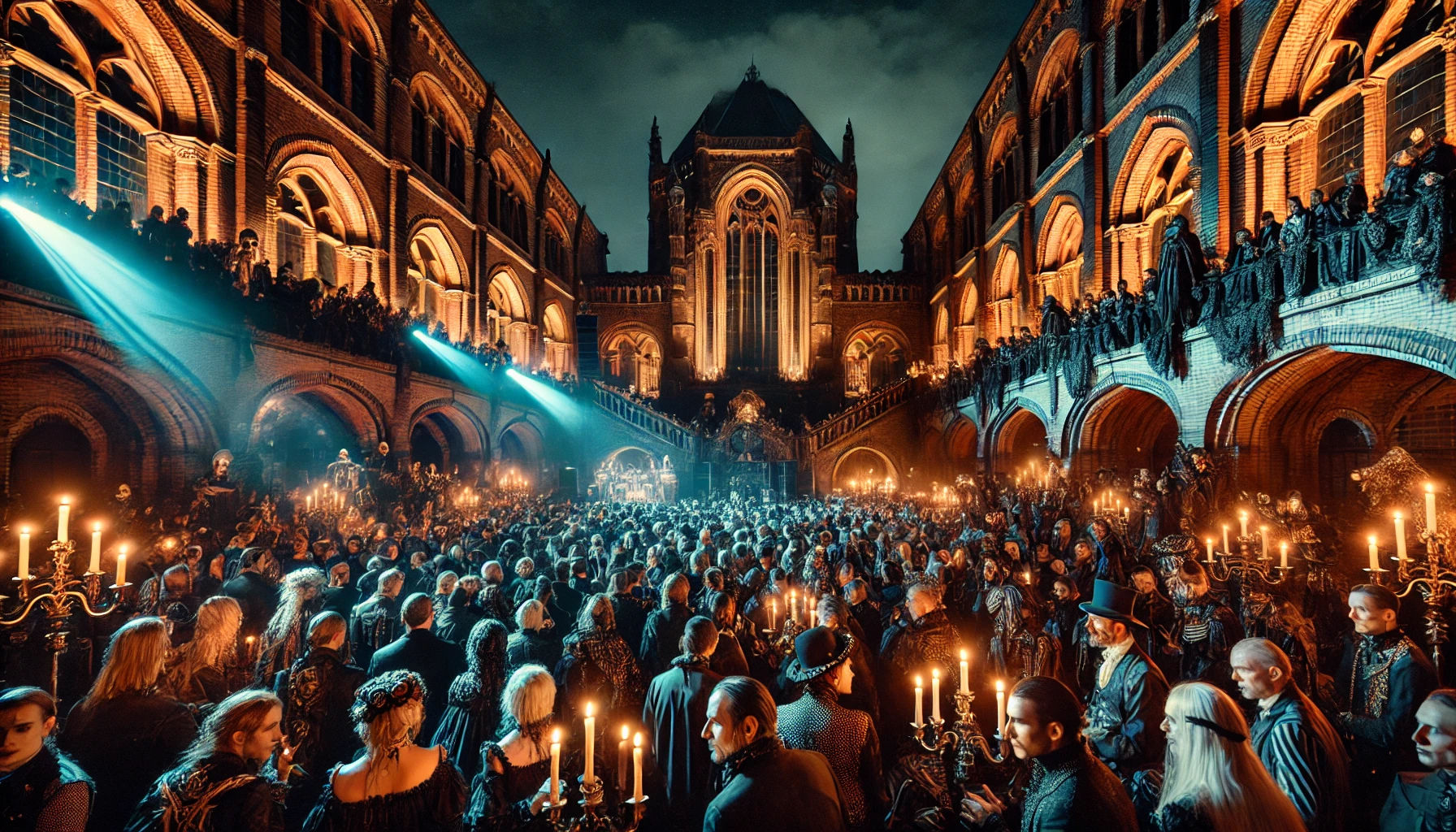 A mesmerizing night scene at Wave Gotik Treffen 2024, with a diverse crowd dressed in Victorian and cyber-goth costumes, set against a historic venue with candlelit gothic architecture.