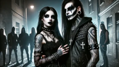 Gothic couple with piercings, tattoos, in dark alleyway; shadowy figures in background add intensity and rebellious vibe.