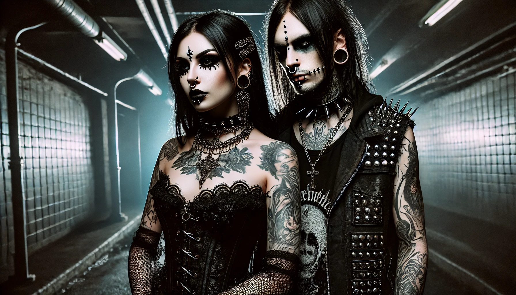 Gothic woman and metalhead male with piercings, tattoos, and dark makeup in industrial hallway; intense goth and metal vibe.