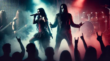 A powerful concert scene with two intense vocalists on stage, under red and blue backlighting, captivating the crowd.