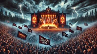 Crowd of metal fans at Baltic Open Air 2025, fiery stage and stormy sky, with Gothic banners, dark forests, and the Baltic Sea nearby