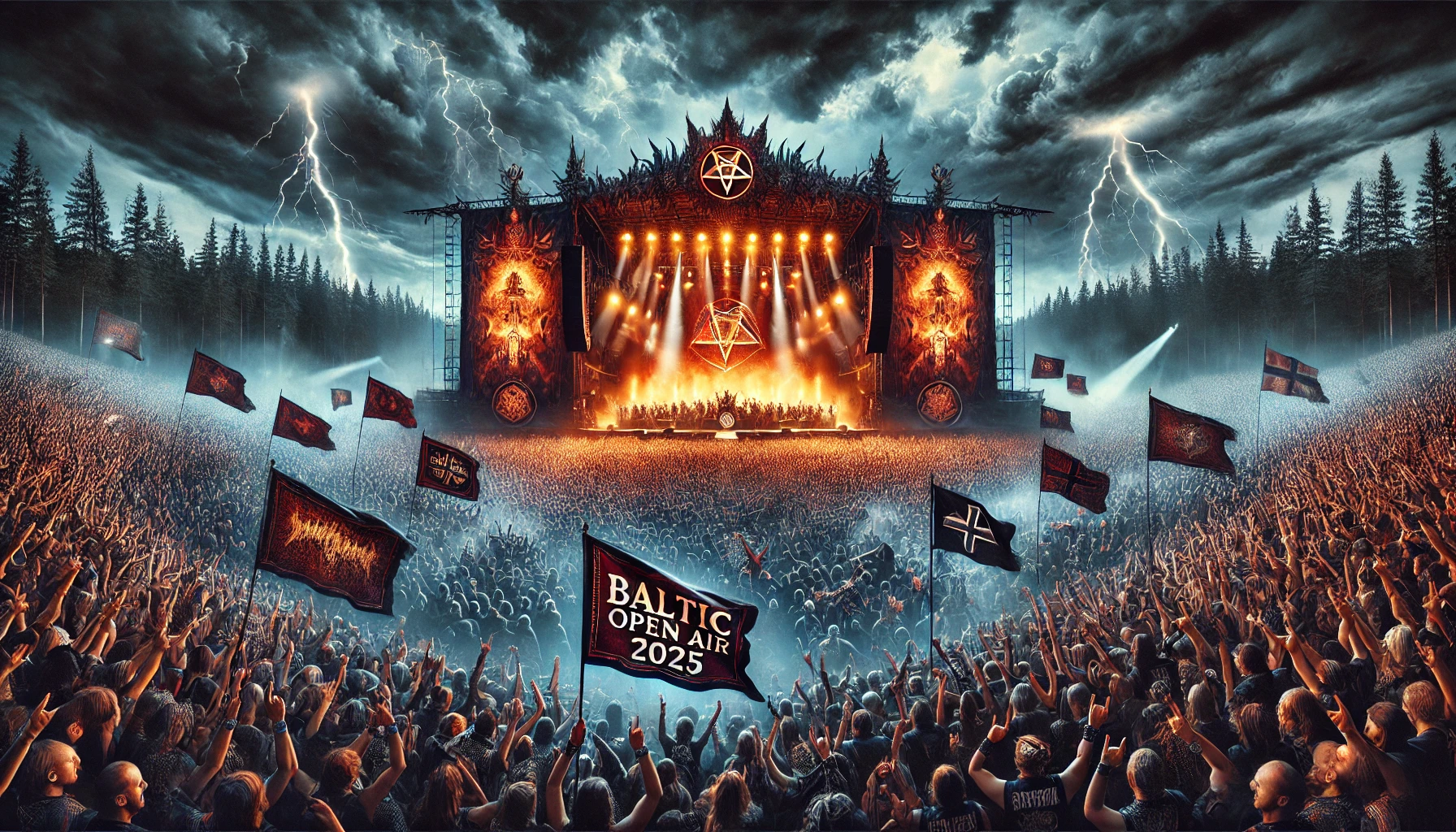 Crowd of metal fans at Baltic Open Air 2025, fiery stage and stormy sky, with Gothic banners, dark forests, and the Baltic Sea nearby
