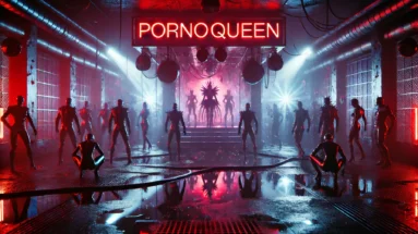 Dark industrial nightclub scene inspired by Centhron's Pornoqueen, featuring neon red and purple lights, shadowy figures in leather and latex, a metallic stage backdrop, and an intense, dystopian atmosphere.