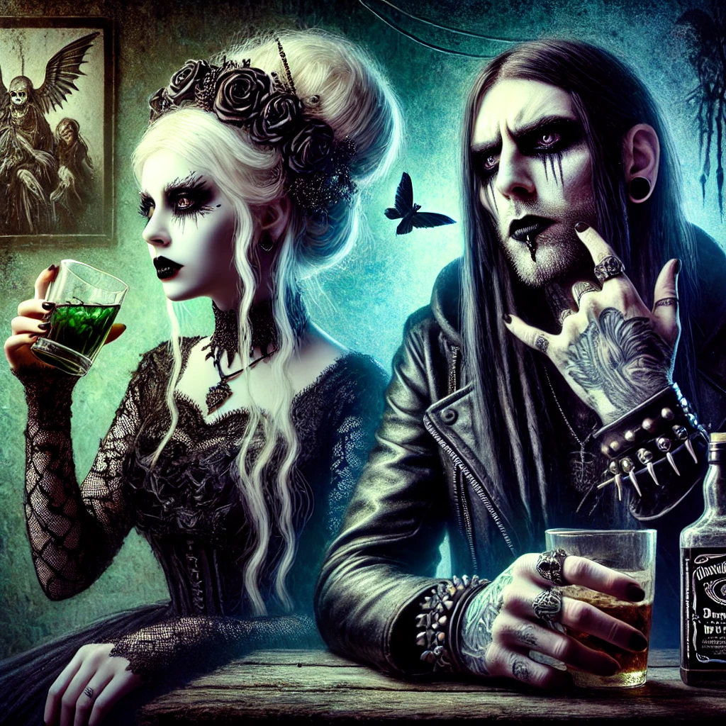 Gothic woman and metalhead in a dark room with whiskey, absinthe, and eerie gothic decor.