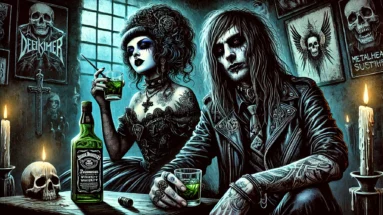 Gothic woman with absinthe and metalhead with whiskey in a dark, atmospheric room with gothic and metal decor.