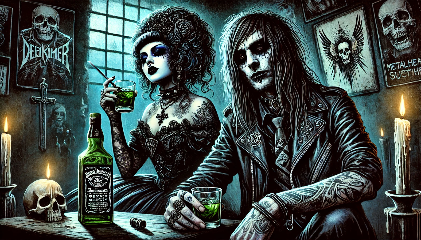 Gothic woman with absinthe and metalhead with whiskey in a dark, atmospheric room with gothic and metal decor.