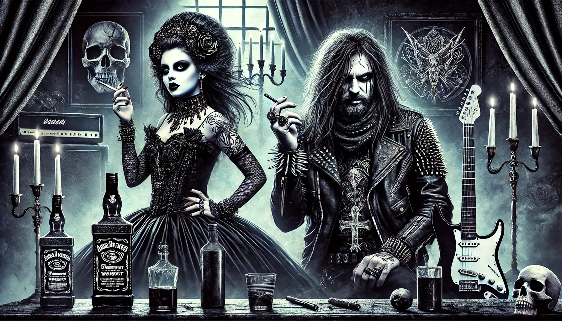 Gothic woman holding a cigarette and metalhead in spiked jacket in a dark room with candles, skulls, and band posters.