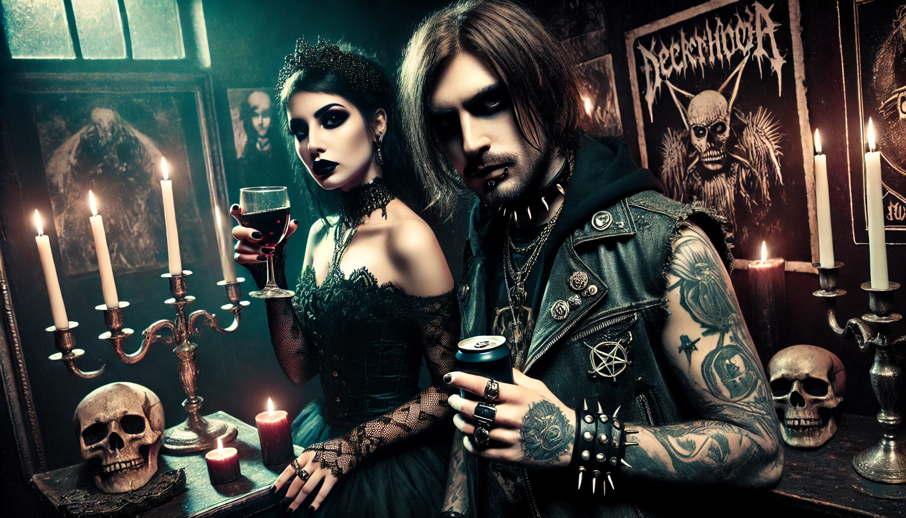 Gothic woman with wine and metalhead with beer in a moody room with candles, skulls, and gothic decor.