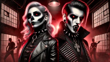 Dynamic illustration inspired by one of Scarlet's vocalists, featuring a fierce female with skeleton-like face paint and a male with a haunting vampire look.