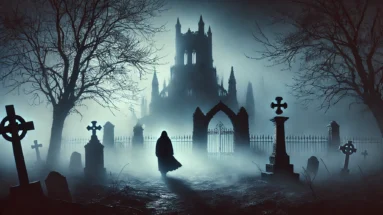 Dark and atmospheric image inspired by Clan of Xymox, featuring gothic architecture, fog, and a shadowy figure in a desolate setting.