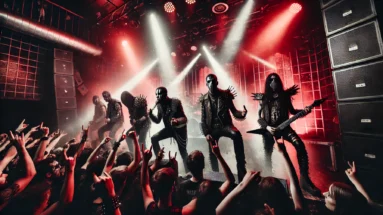 Dark and intense industrial metal concert with a band performing on stage under red and black lighting, surrounded by smoke and a wild crowd headbanging and raising fists.