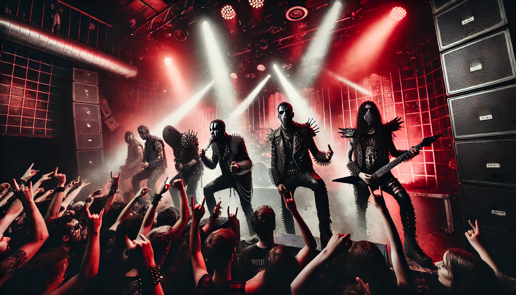 Dark and intense industrial metal concert with a band performing on stage under red and black lighting, surrounded by smoke and a wild crowd headbanging and raising fists.