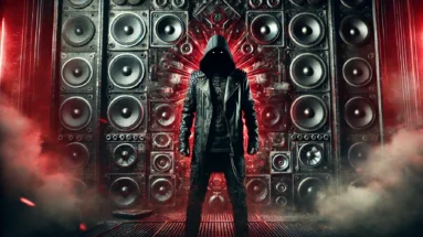 Shadowy figure in front of glowing speakers with dark red lighting, symbolizing industrial rebellion and defiance.