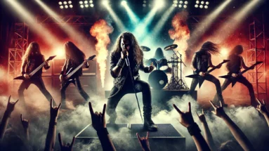 Dynamic metal band performing on stage with blazing lights, smoke, and a fierce crowd, embodying power and rebellion.