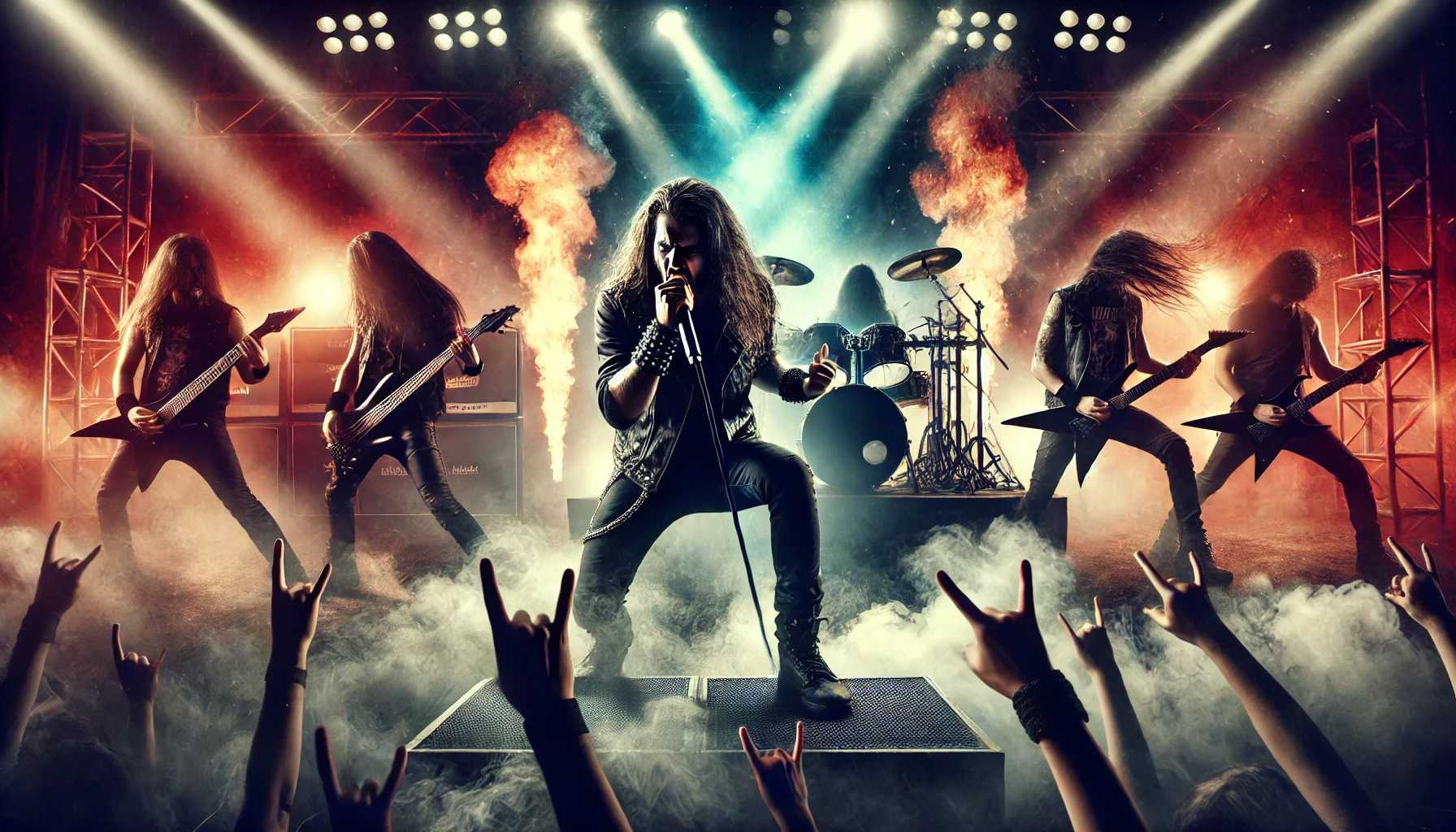 Dynamic metal band performing on stage with blazing lights, smoke, and a fierce crowd, embodying power and rebellion.