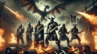 Viking metal band performing on a fiery battlefield with battle axes as guitars and a dragon soaring in the smoky sky.