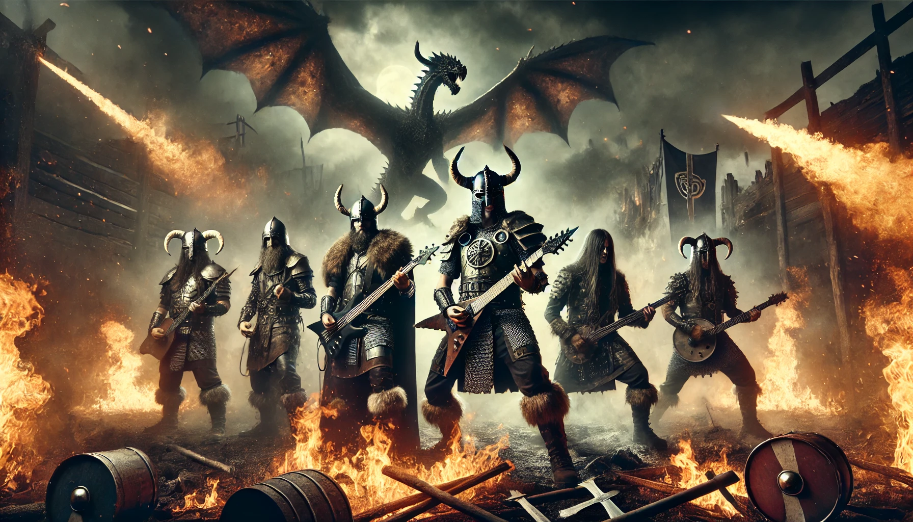 Viking metal band performing on a fiery battlefield with battle axes as guitars and a dragon soaring in the smoky sky.