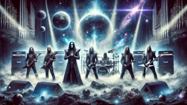 Symphonic metal band performing on a cosmic stage with glowing planets, vibrant lights, and dramatic mist, representing Temperance's epic sound.