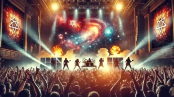 Energetic metal concert with a cosmic backdrop, fiery stage lights, and a passionate crowd raising their hands in unity.