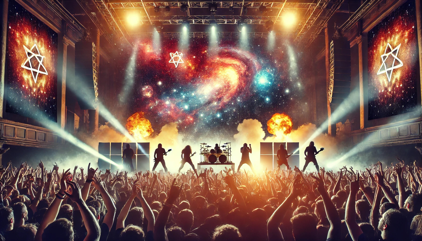 Energetic metal concert with a cosmic backdrop, fiery stage lights, and a passionate crowd raising their hands in unity.