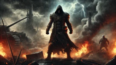 Powerful warrior in battle-worn armor amidst smoke, fire, and a stormy sky, conveying strength and resilience.