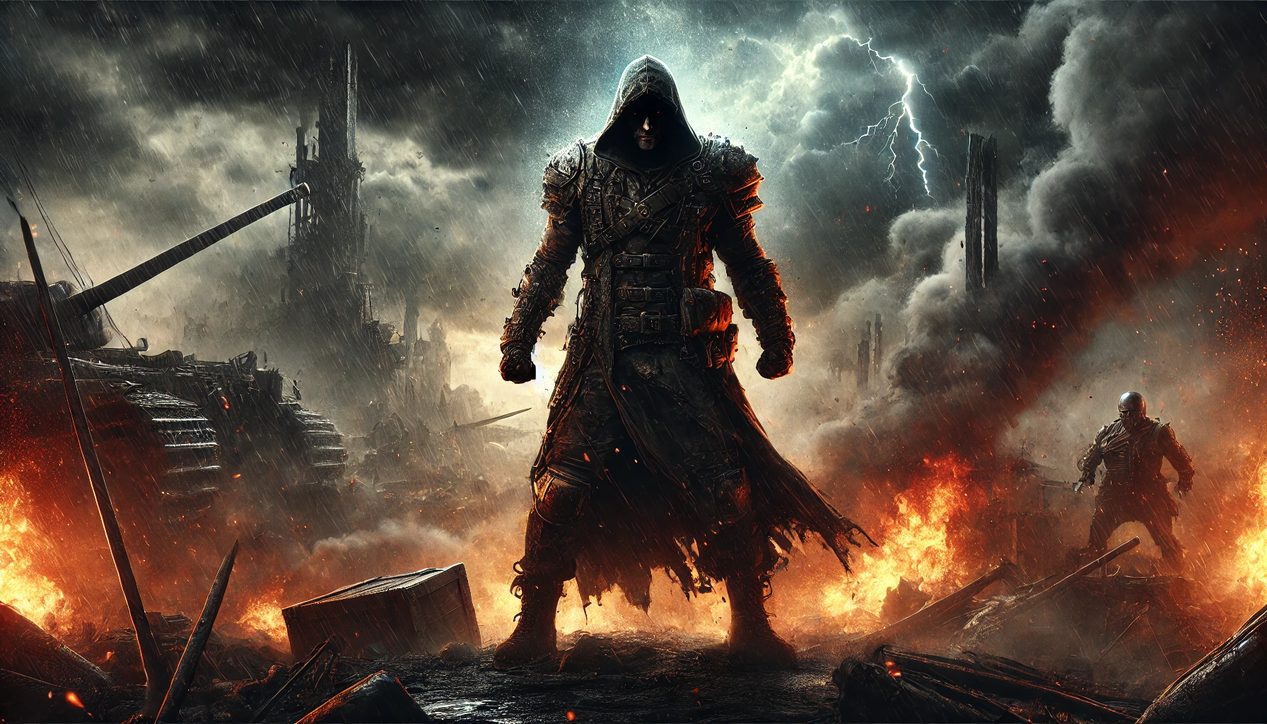 Powerful warrior in battle-worn armor amidst smoke, fire, and a stormy sky, conveying strength and resilience.