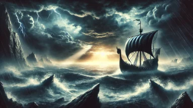 Majestic Viking ship sailing across a stormy ocean under dark skies with glowing horizons, inspired by Leave's Eyes music themes.