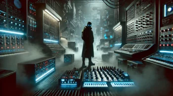 Dark industrial scene with a shadowy figure, neon synths, and machinery in a dystopian urban setting, perfect for Synth Attack blog.