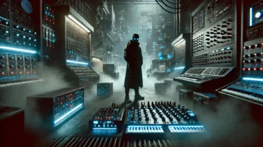 Dark industrial scene with a shadowy figure, neon synths, and machinery in a dystopian urban setting, perfect for Synth Attack blog.