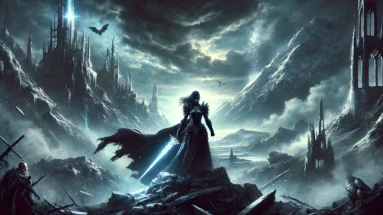Powerful female figure in black armor holding a glowing sword, standing in a futuristic apocalyptic battlefield with icy mountains.