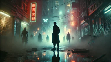 Dark dystopian cityscape with neon lights, shadowy figures in gothic industrial attire, and a cyberpunk figure amidst fog and decay.