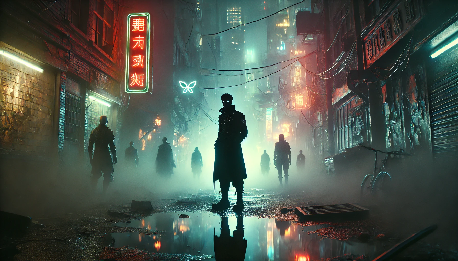 Dark dystopian cityscape with neon lights, shadowy figures in gothic industrial attire, and a cyberpunk figure amidst fog and decay.