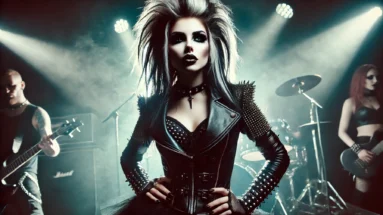 Fierce female metal vocalist on stage, embodying punk-metal energy with bold makeup, leather clothing, and intense charisma, under dramatic stage lighting with a smoky background.