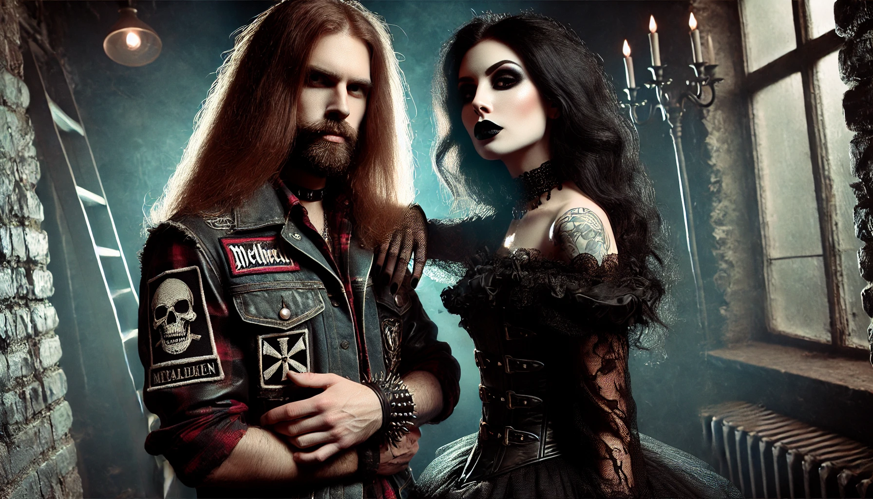 Metalhead man in a leather jacket and gothic woman in Victorian-inspired attire standing in a moody, foggy urban setting, embodying the essence of metal and goth subcultures.