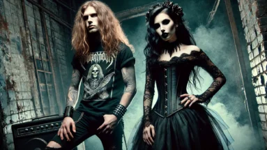 Metalhead man with wild hair and a gothic woman in an elaborate corset dress, standing in an eerie, smoky industrial setting, symbolizing the energy of metal and goth culture.