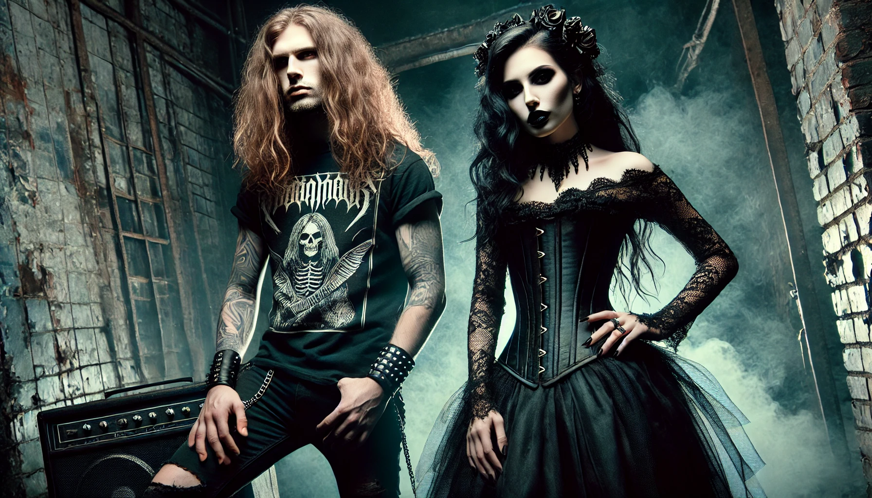 Metalhead man with wild hair and a gothic woman in an elaborate corset dress, standing in an eerie, smoky industrial setting, symbolizing the energy of metal and goth culture.